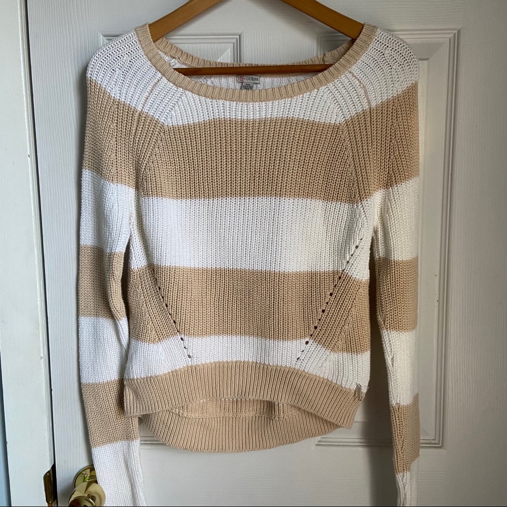 GUESS white and beige striped sweater